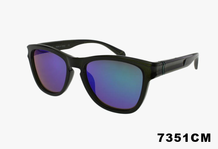 Fashion Square Sport Mirror Lens Wholesale Sunglasses with a glossy black frame and mirrored purple-to-blue lenses, shown on a light gray background with the text '7351CM' in the bottom right corner.