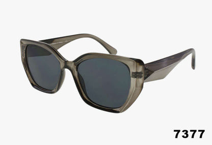 Sunglasses with a gray frame and dark lenses on a white background