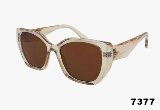 Sunglasses with a beige frame and brown lenses on a white background