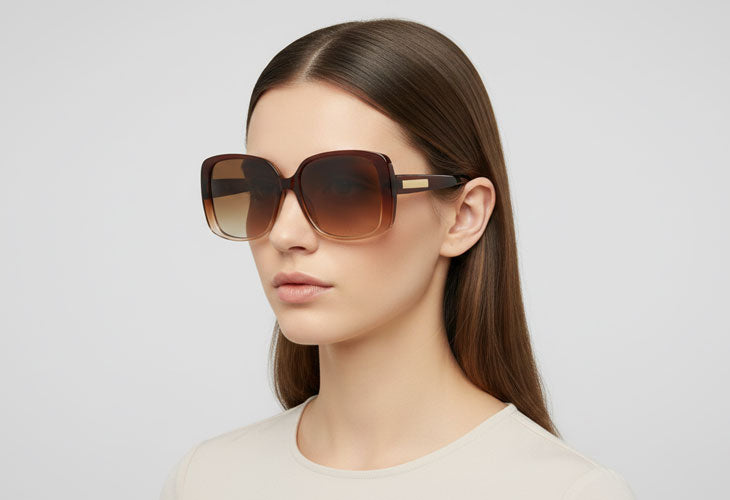 Woman wearing brown sunglasses against a light gray background