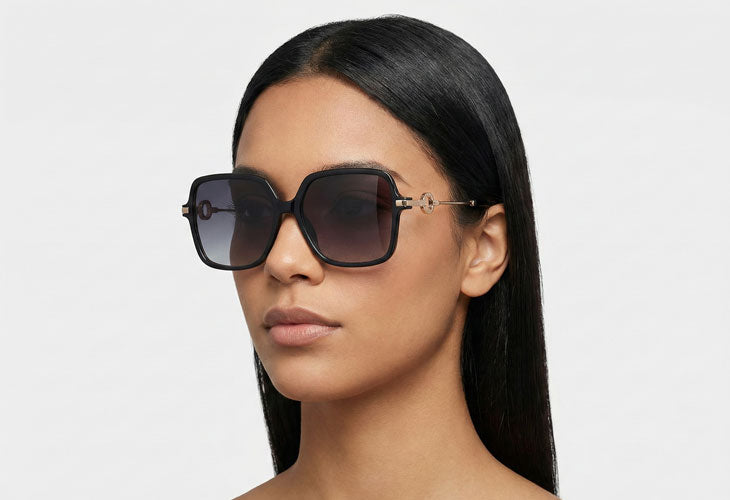 Woman wearing dark sunglasses with a plain background
