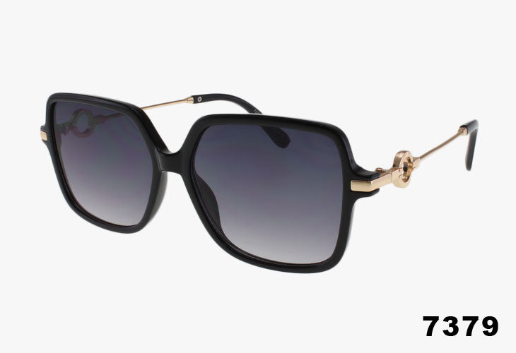 Black sunglasses with gold accents on a white background