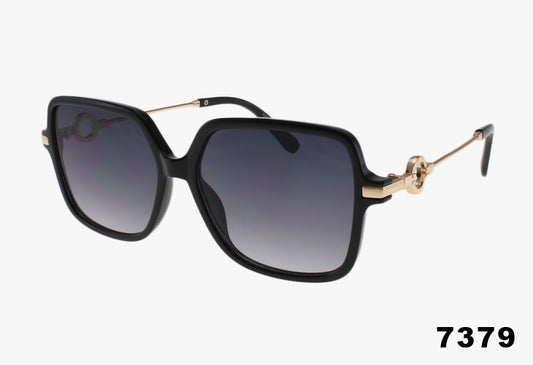 Black sunglasses with gold accents on a white background