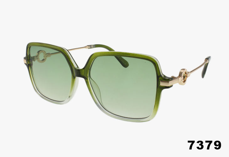 green sunglasses with gold accents on a white background