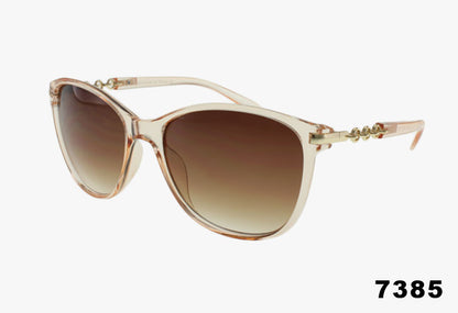 Sunglasses with a beige frame and brown gradient lenses on a white background