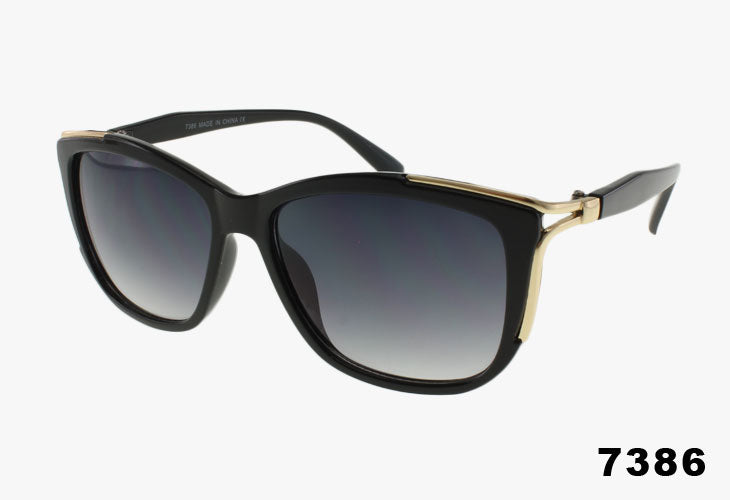 Fashion Metal Trim Cat Eye Wholesale Sunglasses in black with gradient lenses, stylish and trendy design.