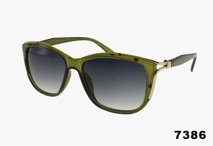 Fashion Metal Trim Cat Eye Wholesale Sunglasses in green with gradient lenses, stylish and trendy design.