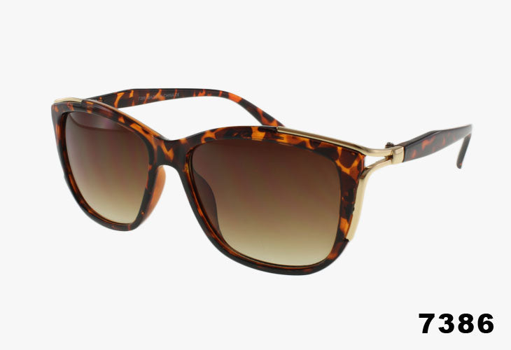 Fashion Metal Trim Cat Eye Wholesale Sunglasses in tortoise with gradient lenses, stylish and trendy design.