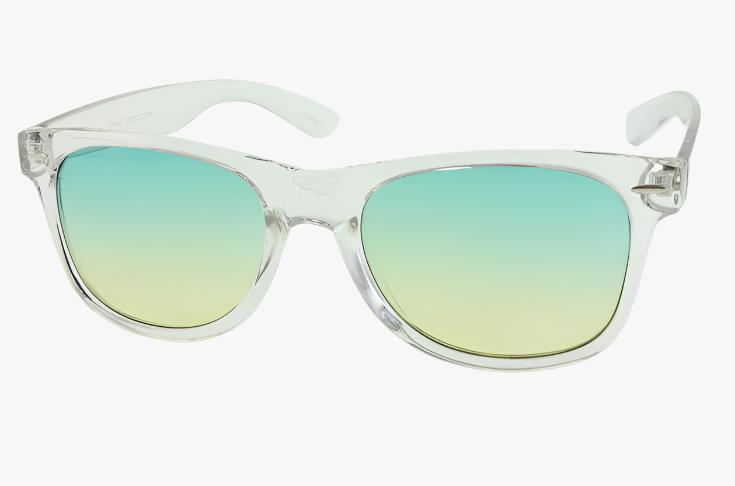 classic square wayfarer sunglasses with clear frame and color green lenses