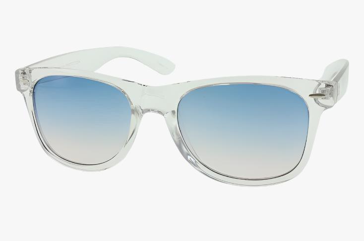 classic square wayfarer sunglasses with clear frame and color blue lenses