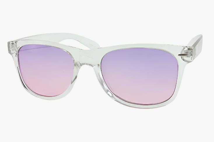 classic square wayfarer sunglasses with clear frame and color purple lenses