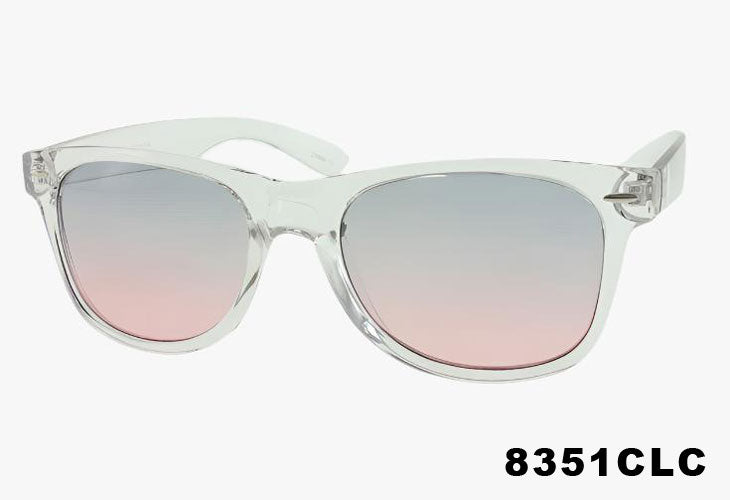 classic square wayfarer sunglasses with clear frame and grey and pink lenses