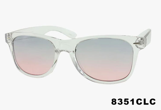 classic square wayfarer sunglasses with clear frame and grey and pink lenses