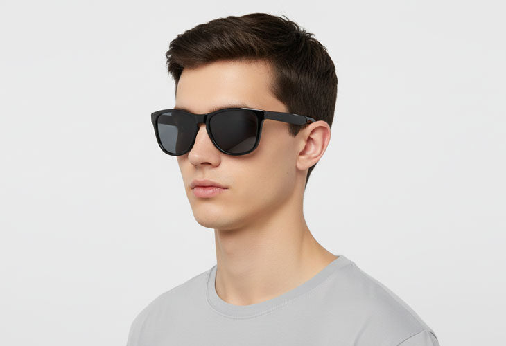 Man wearing black sunglasses on a light gray background