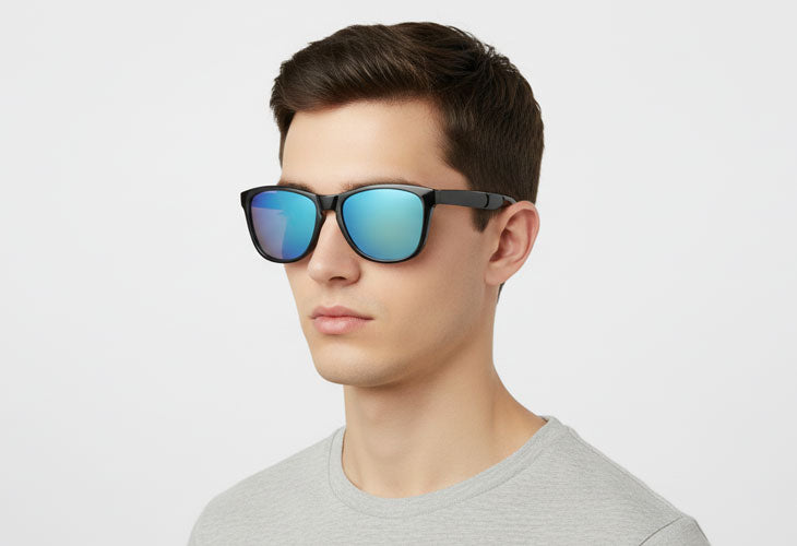 Man wearing reflective sunglasses against a plain background