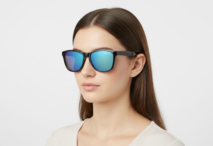 Woman wearing blue-tinted sunglasses against a plain background