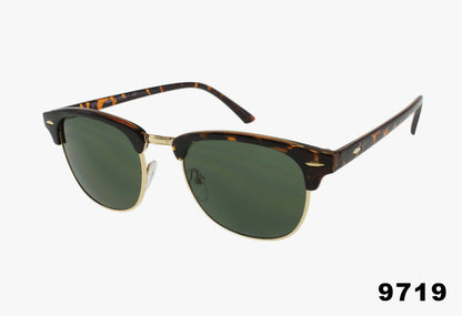 Sunglasses with tortoiseshell frame and green lenses on a white background