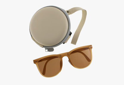 beige Wholesale Oval Folding Sunglasses With Carrying Case