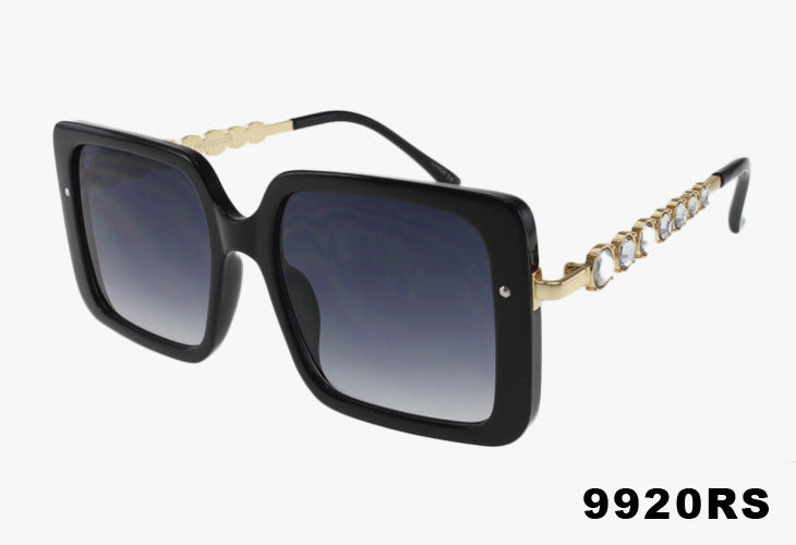 black Wholesale Square Lux Rhinestone Temple Sunglasses