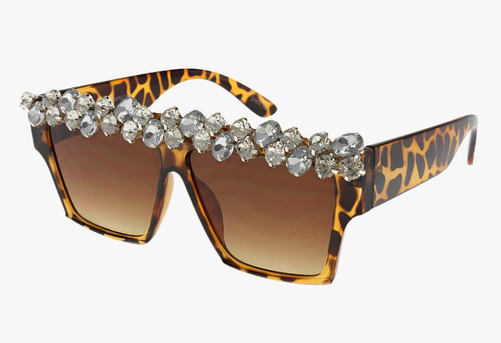 tortoise Wholesale Flat Top Large Rhinestone Front Sunglasses