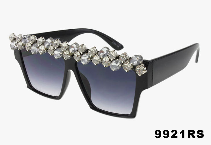 black Wholesale Flat Top Large Rhinestone Front Sunglasses