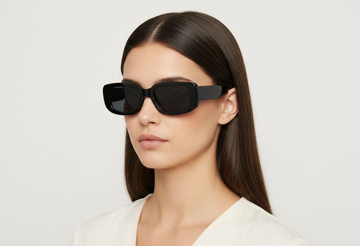 Woman wearing black sunglasses against a light gray background