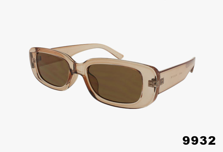 A pair of rectangular sunglasses with a translucent light brown frame and brown lenses, shown on a plain light gray background with the number 9932 in the bottom right corner.