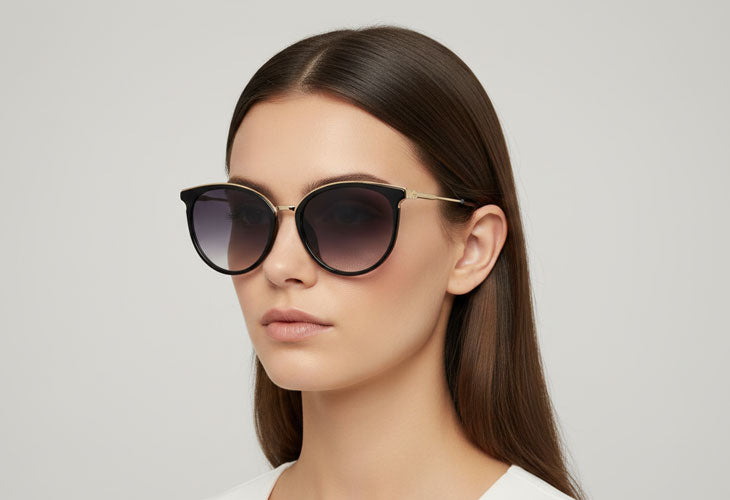 Woman wearing cat-eye sunglasses with a plain background