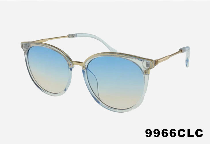 Sunglasses with gradient blue lenses on a white background