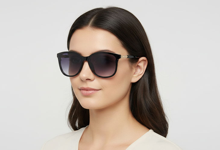 Woman wearing dark sunglasses against a light background