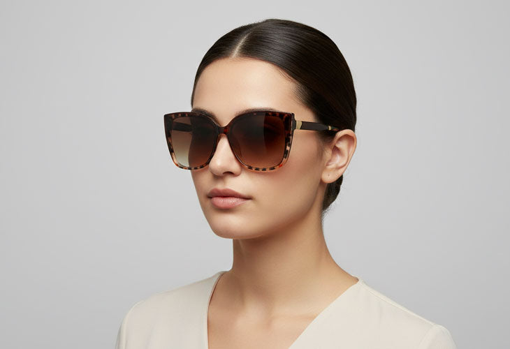 Woman wearing a pair of sunglasses with a plain background