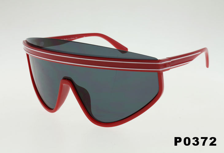 Red-framed sunglasses with dark lenses on a white background