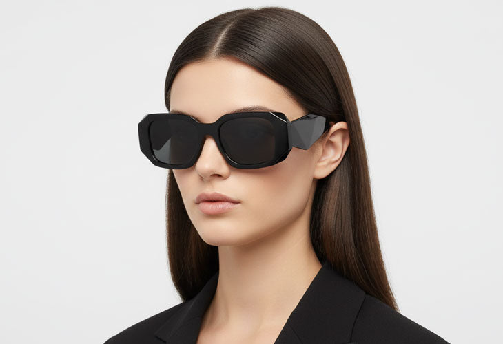 Woman wearing a pair of black sunglasses with a plain background