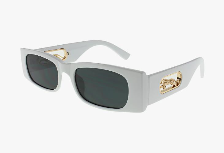 white Wholesale Slim Rectangle Sunglasses Gold Panther Emblem