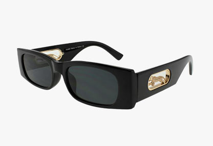 black Wholesale Slim Rectangle Sunglasses Gold Panther Emblem