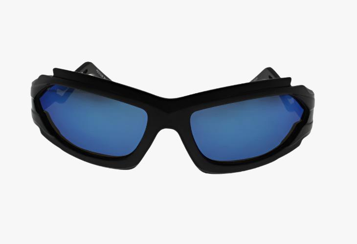 front view black frame blue mirror Wholesale Fashion Futuristic Split Temple Sunglasses