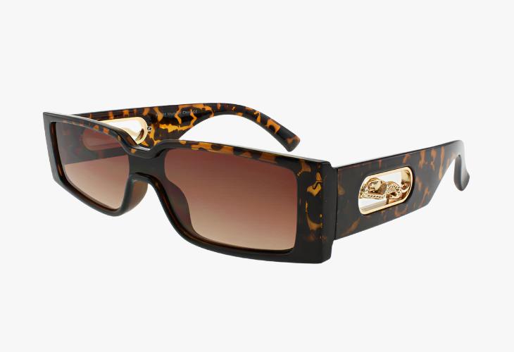 tortoise Wholesale Slim Rectangle Shield Sunglasses Gold Panther Emblem