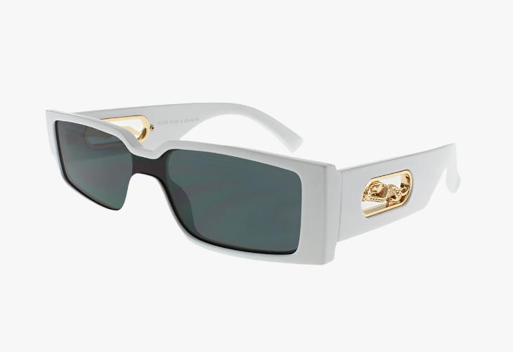 white Wholesale Slim Rectangle Shield Sunglasses Gold Panther Emblem