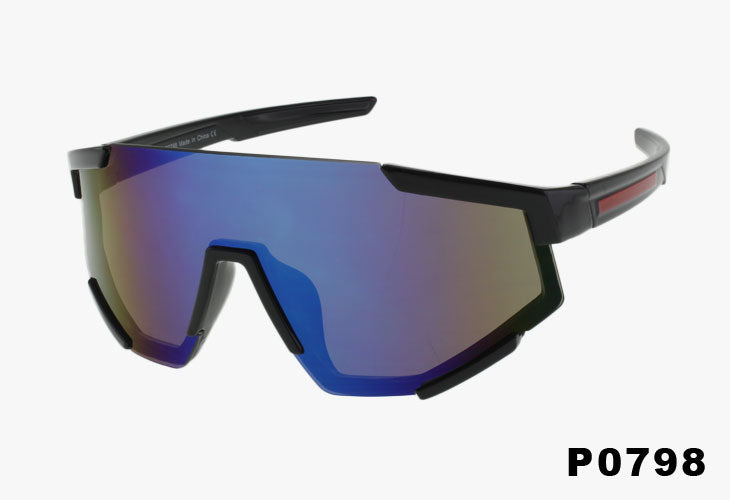 black frame blue mirror Wholesale Fashion Shield Sport Sunglasses