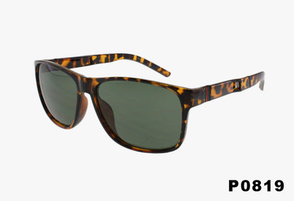 Sunglasses with tortoiseshell frame and green lenses on a white background