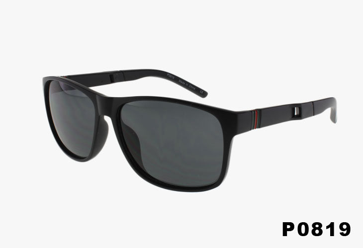 Black sunglasses with dark lenses on a white background