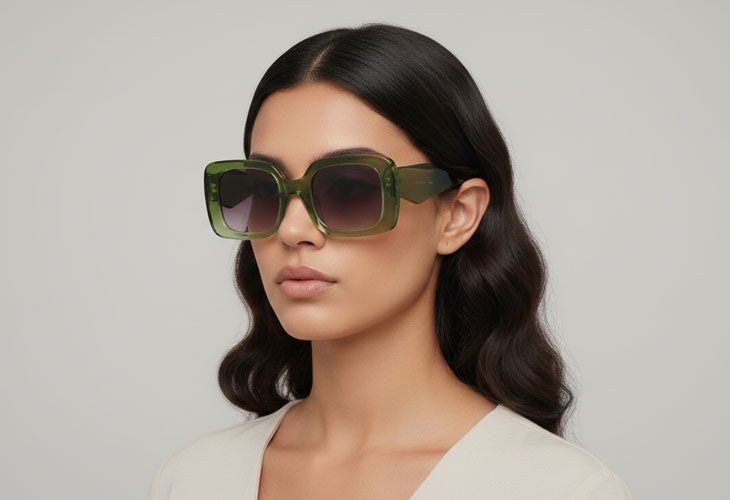 Woman wearing green sunglasses against a plain background