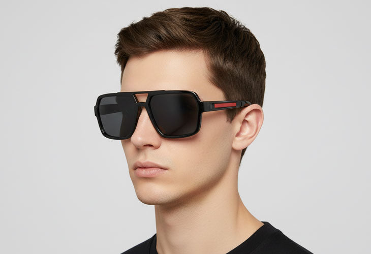 Man wearing black sunglasses with a neutral background