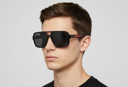 Man wearing black sunglasses with a neutral background