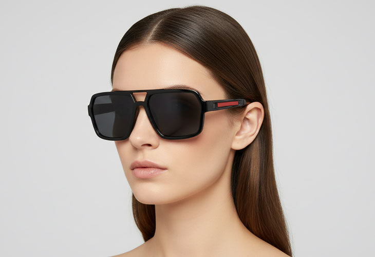 Woman wearing black sunglasses with a plain background