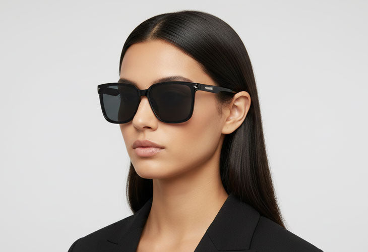 Woman wearing black sunglasses with a plain background
