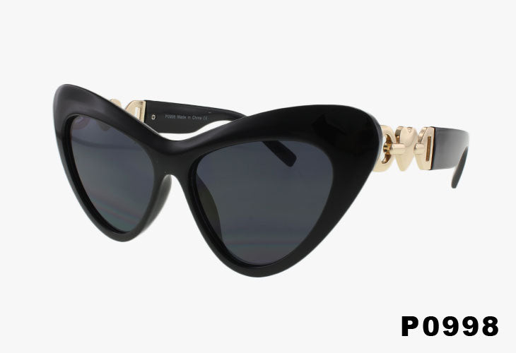 black Wholesale Oversized Cat Eye Sunglasses With Metal Heart Link