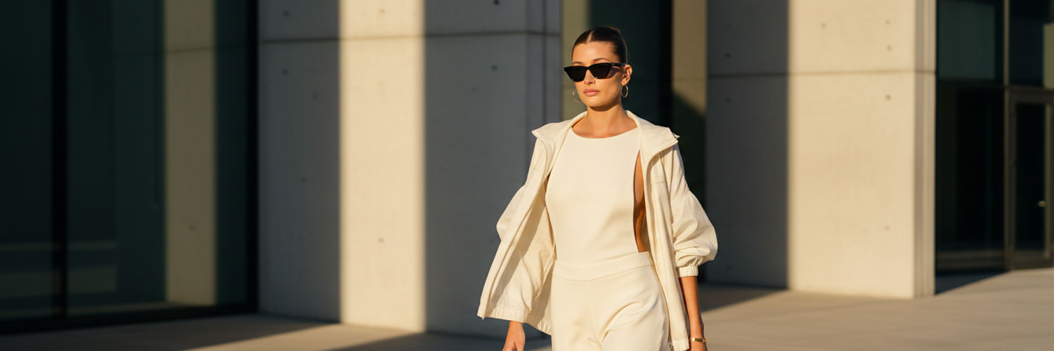 Woman in a white outfit walking outdoors with a building in the background