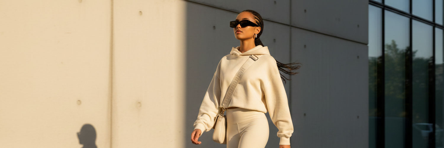 Woman in a beige tracksuit walking outdoors with a modern building in the background